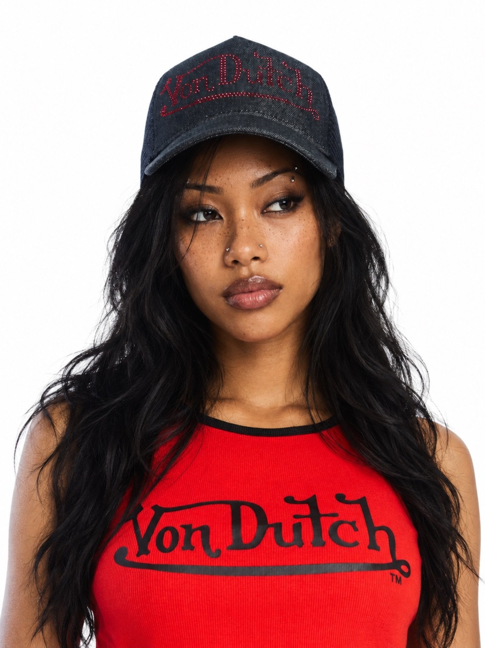 Von Dutch Black Red Rhinestone Trucker Hat
